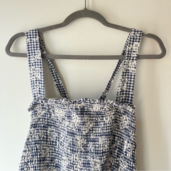 American Eagle Smocked Gingham Floral Sundress Blue White Cotton Linen Blend XL - Picture 4 of 14